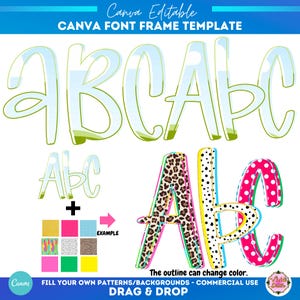 May include: A Canva font frame template featuring the letters ABC in different designs. The image shows examples with animal print and polka dots. The text includes "Canva Editable" and "Drag & Drop". The outline colour can be changed.