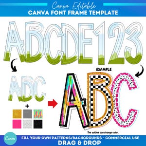 Alfabeto con letras mayúsculas y garabatos de Canva / Sublimación / Patrón de relleno personalizado / Alfabeto con fuente para rellenar / Monograma de marco de Canva / Escuela de verano
