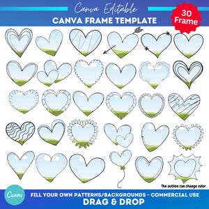 Cornice Canva con cuori / Modello cornice Canva con cuori / Trascina e rilascia Canva / Scarabocchio a forma di cuore / Cornice Canva modificabile