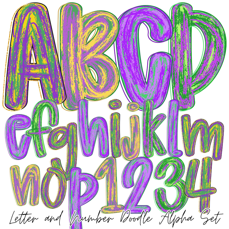 Preppy Brush Stroke Mardi Gras Alphabet Png | Doodle Alpha Font Letter ...