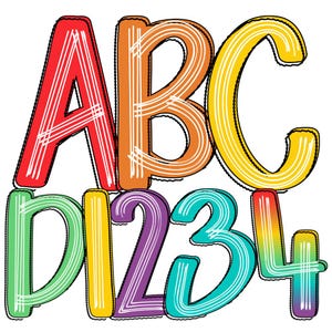 May include: Colorful letters and numbers in a rainbow pattern. The letters are A, B, C and the numbers are 1, 2, 3, and 4. The letters and numbers are outlined in black and have a white stripe pattern.