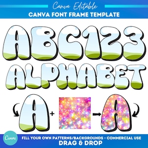 Marco de letras del alfabeto con garabatos de Canva con burbujas y estilo Groovy / Plantilla de fuente editable / Marcos personalizables con arrastrar y soltar / Plantilla de letra rellenable