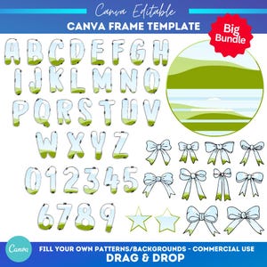 May include: A set of alphabet letters, numbers, stars, and bows with a landscape background. The letters and numbers are outlined in black and have a white interior with a green and blue landscape pattern. The stars are yellow with a blue outline. The bows are white with a black outline. The text on the image reads "Canva Editable Canva Frame Template Big Bundle Fill Your Own Patterns/Backgrounds - Commercial Use Drag & Drop"