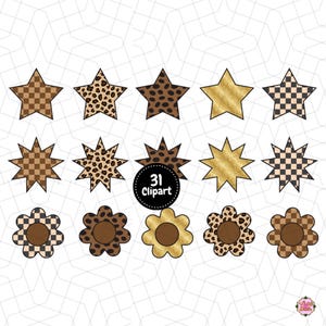 May include: A digital graphic featuring various star and flower shapes with different patterns. The designs include checkered, leopard print, and gold textures. The image also includes the text "31 Clipart" in a black circle.