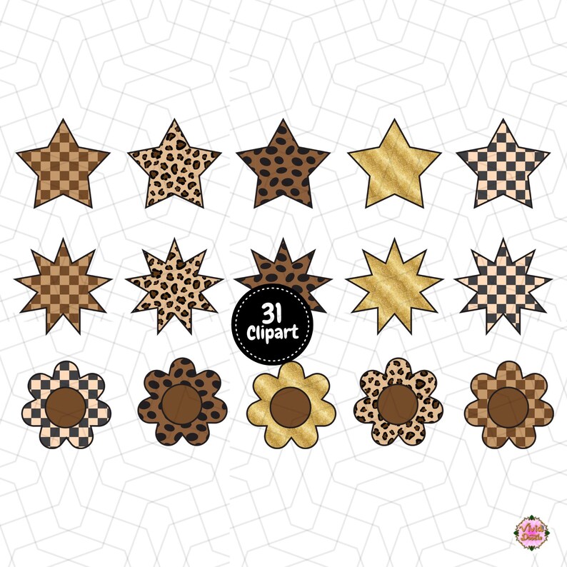 May include: A digital graphic featuring various star and flower shapes with different patterns. The designs include checkered, leopard print, and gold textures. The image also includes the text "31 Clipart" in a black circle.