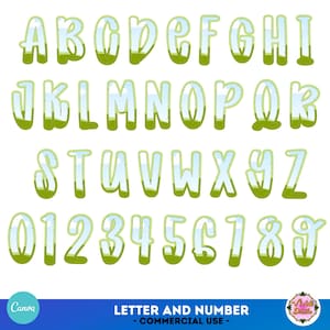 May include: A full alphabet and number set in a whimsical, outlined style. The letters and numbers are white with a light blue interior, and a green base, giving a grassy appearance. The image includes the text "LETTER AND NUMBER - COMMERCIAL USE".