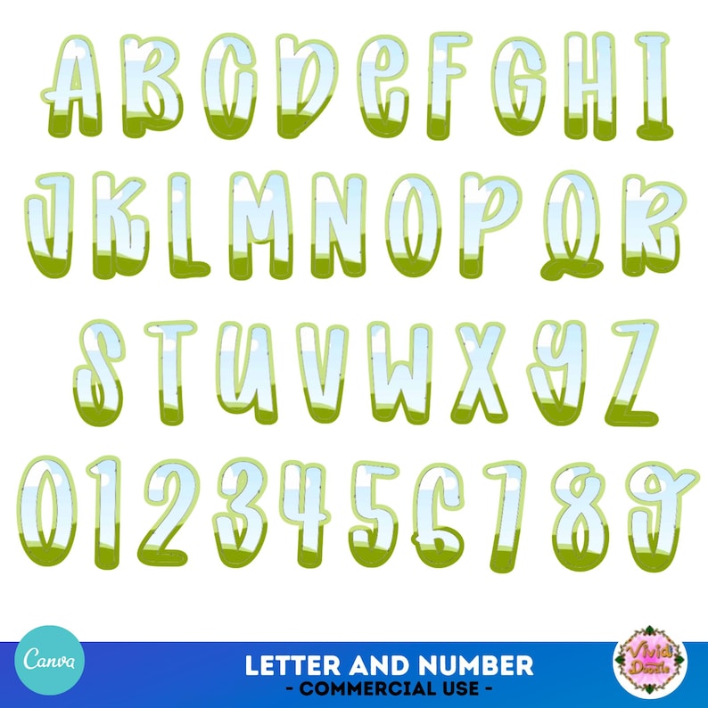 May include: A full alphabet and number set in a whimsical, outlined style. The letters and numbers are white with a light blue interior, and a green base, giving a grassy appearance. The image includes the text "LETTER AND NUMBER - COMMERCIAL USE".