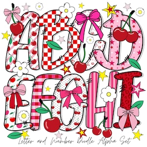 Letras del alfabeto de cereza / Fuente alfa de doodle / Alfabeto de maestro de escuela / Cherry Coquette Png / Te amo mucho Cherry / Dibujado a mano