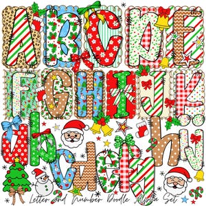 Peut inclure: Un ensemble d'alphabet de Noël coloré, avec les lettres A à Z, présentant divers motifs tels que des rayures et des pois. Comprend le Père Noël, des arbres de Noël et des cloches. Le texte "Letter and Number Doodle Alpha Set" est en bas.