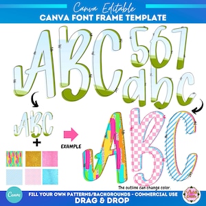 Op de afbeelding: Een Canva lettertype frame sjabloon met voorbeelden van de letters ABC en de cijfers 567. De letters worden in verschillende stijlen getoond, waaronder een groene omtrek en kleurrijke patronen. De tekst "Canva Editable" staat bovenaan.