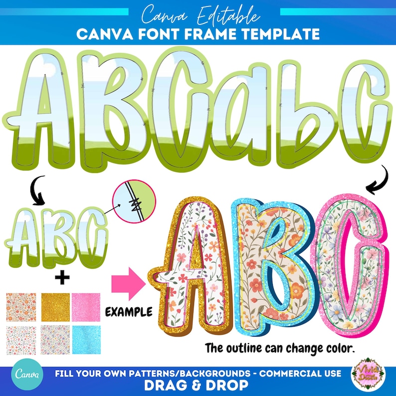 May include: A Canva font frame template with the letters ABC in a bubble style. The letters are shown with a green and white background, and examples of floral and glitter patterns. The text "Canva Editable" and "Drag & Drop" are also visible.