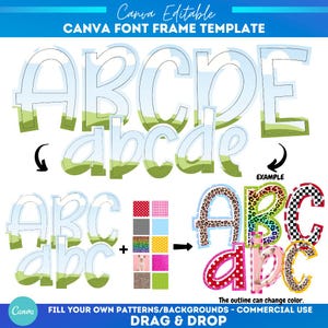 Plantilla de marco de Canva con letras y números preppy / Sublimación / Patrón de relleno personalizado / Marco de Canva con fuente / Alfabeto para completar / Escuela de verano