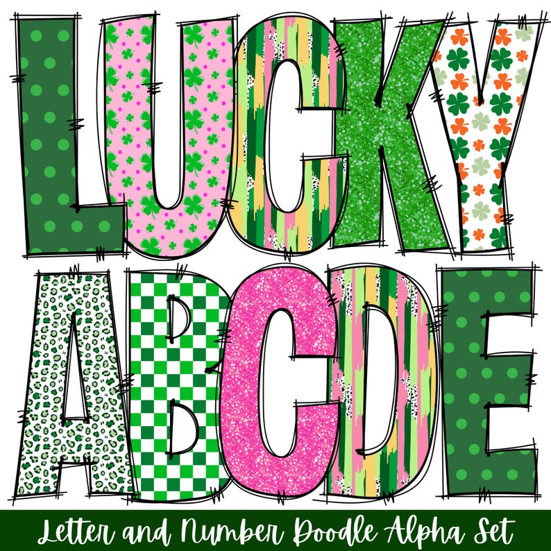 Pu&ograve; includere: Un set di lettere e numeri colorati e con motivi in stile doodle. Le lettere sono "LUCKY" e "ABCDE". Le lettere sono decorate con trifogli verdi, pois, motivi a scacchi e strisce.