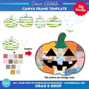 Könnte beinhalten: Eine Canva-Rahmenvorlage mit einem Patchwork-Kürbis-Design, einem grünen Stiel und schwarzen Gesichtsmerkmalen. Das Bild enthält Musterbeispiele und den Text "Canva Editable" und "Drag & Drop".