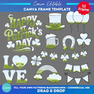 May include: A set of 12 St. Patrick's Day themed digital clipart images. The images include a leprechaun hat, a beer mug, a horseshoe, shamrocks, a rainbow, a banner, and the phrase "Happy St. Patrick's Day".