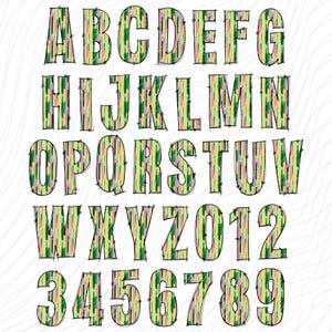 Pu&ograve; includere: Un alfabeto e numeri colorati con un motivo a strisce verdi, gialle, rosa e bianche. Le lettere e i numeri sono contornati di nero.