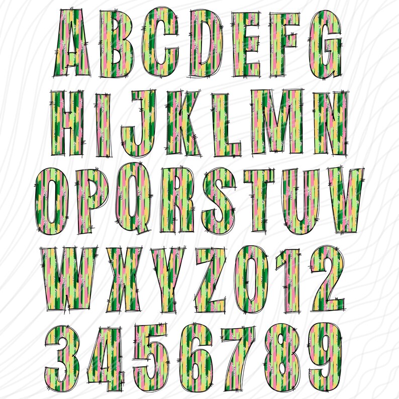 Pu&ograve; includere: Un alfabeto e numeri colorati con un motivo a strisce verdi, gialle, rosa e bianche. Le lettere e i numeri sono contornati di nero.