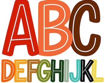 May include: A colorful alphabet with letters A through L in a variety of colors, including red, orange, yellow, green, blue, and brown. The letters are outlined in white and have a retro, boho style. The text "12 Boho Colors" is below the letters.