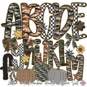 May include: A digital graphic featuring the letters A through M in a mix of camouflage, black and white checkerboard, and solid black patterns with gold outlines. The design includes decorative elements like bows, stars, and three pumpkins.