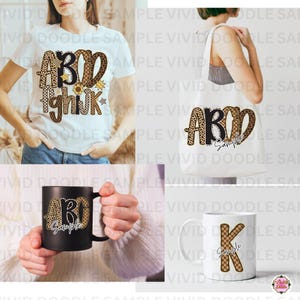 May include: A white t-shirt, a white tote bag, a black mug, and a white mug, all featuring alphabet letters with brown leopard print and tan checkerboard patterns. The designs include the text Sample in a white script font on the mugs and bag.