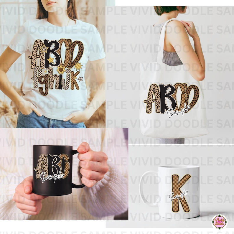 May include: A white t-shirt, a white tote bag, a black mug, and a white mug, all featuring alphabet letters with brown leopard print and tan checkerboard patterns. The designs include the text Sample in a white script font on the mugs and bag.