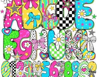 Preppy Bubble Summer alphabet letters | doodle alpha font Letter and Number | School Teacher Alphabet | Spring Floral Alpha | Flower | Star