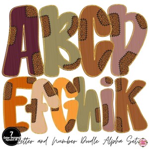 May include: A digital alphabet set featuring the letters A, B, C, D, E, F, G, H, I, and K in a rounded, doodle-style font. Each letter displays a solid color with patches of brown leopard print and a gold outline. Text at the bottom reads Letter and Number Doodle Alpha Set.