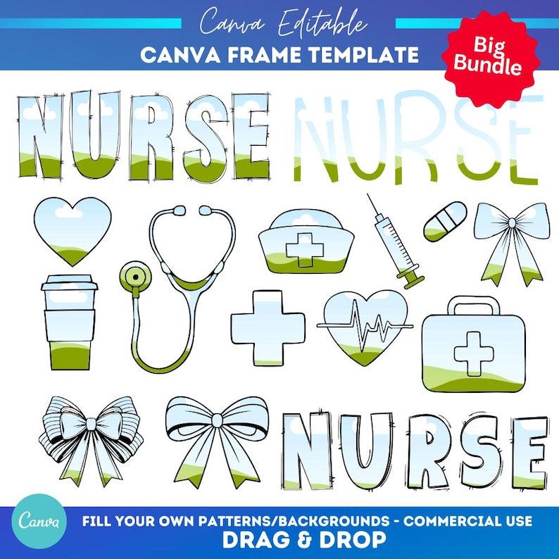 May include: A set of digital clipart images for use in Canva. The images are black and white outlines of a stethoscope, a nurse's hat, a syringe, a pill, a bow, a coffee cup, a heart with a heartbeat line, a plus sign, a first aid kit, and the word "NURSE" written twice. The images are filled with a light blue and green gradient.