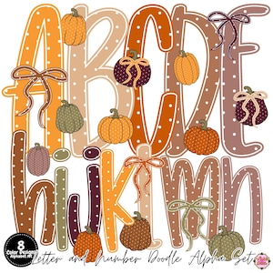 May include: A digital alphabet set featuring letters A through N in various shades of orange, brown, and cream, decorated with white polka dots. Each letter is accented with illustrated pumpkins and decorative bows in matching autumn colors.