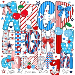 Letras brilhantes de rabiscos da bandeira americana | Alfabeto patriótico da bandeira americana | Desenhado à mão | Letras de rabiscos | Pacote de 4 de julho | Laço de coquete png