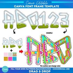 Alfabeto con letras mayúsculas y garabatos de Canva / Plantilla de Canva para profesores / Patrón de relleno personalizado / Fuente de relleno / Monograma de marco de Canva / Escuela de verano