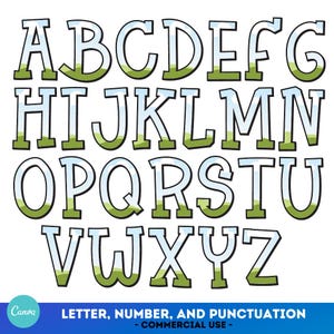 May include: A colorful alphabet with a green grass and blue sky design. The letters are outlined in black and have a white fill. The letters are uppercase and are arranged in alphabetical order.