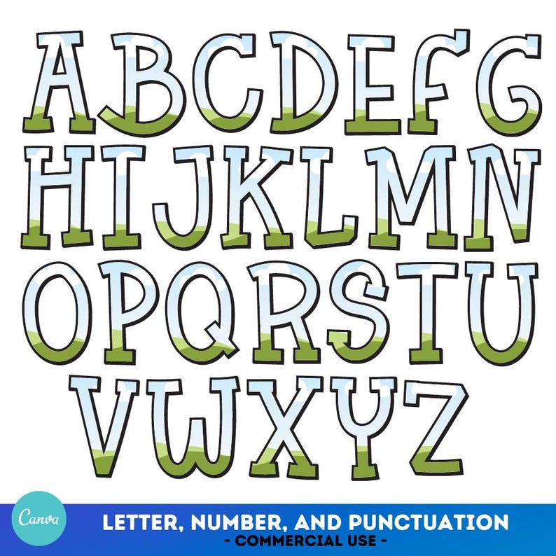 May include: A colorful alphabet with a green grass and blue sky design. The letters are outlined in black and have a white fill. The letters are uppercase and are arranged in alphabetical order.