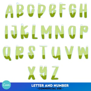 May include: A full alphabet of green and light green letters, each with a white outline. The letters are in a bubble style font. The image also includes the text "LETTER AND NUMBER - COMMERCIAL USE".