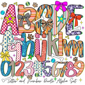 May include: A vibrant doodle alphabet and number set featuring diverse patterns like stars, polka dots, and stripes. Each letter and number is adorned with bows, bones, and paw prints. Ideal for crafting and design projects.