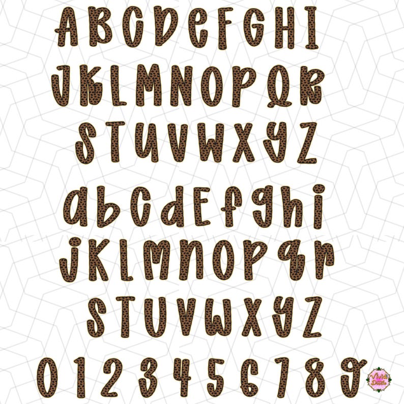 May include: A digital alphabet and number set featuring uppercase and lowercase letters A through Z and digits 0 through 9. Each character is rendered in a rounded, bold font with a brown and black leopard print pattern throughout.