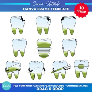 Modèle de cadre Tooth Canva | glisser-déposer | Maquette photo | Lot de cadres Canva pour dentiste | Dent modifiable | Clipart dentaire