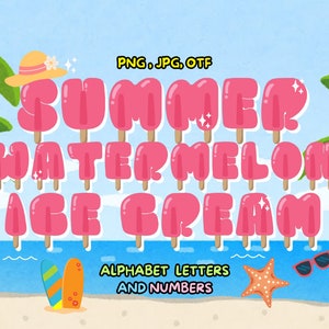 May include: Pink and white alphabet letters and numbers in the shape of popsicles with a summer, watermelon, and ice cream theme. The letters are on a beach background with palm trees, surfboards, and sunglasses.