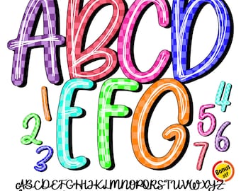 Scribble alphabet with checkered pattern Png, Kids font Letters, Checkered Font PNG, Digital Download, teacher font png, school alpha