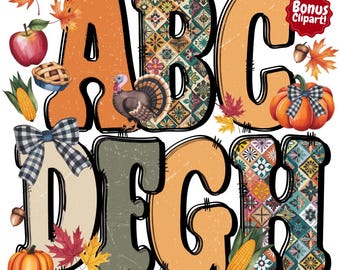 Può includere: Un alfabeto digitale a tema autunnale, con le lettere dalla A alla H. Le lettere sono arancioni, verdi e decorate con motivi, accompagnate da illustrazioni di zucche, foglie e un tacchino. Il testo "Fall Grunge Doodle Alphabet" è in basso.