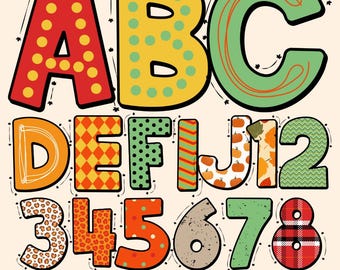 Può includere: Un grafico digitale che presenta l'alfabeto Hello Autumn Doodle con le lettere dalla A alla J e i numeri dall'1 all'8. Ogni carattere mostra motivi unici tra cui pois, tartan, chevron, stampa leopardata e disegni di zucche nei colori autunnali.