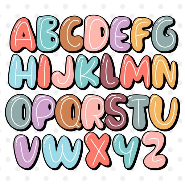 Retro Scribble Buchstaben, Boho-Farben, Retro Doodle, Scribble Alphabete, weiße Mittellinie Sublimationsdesigns