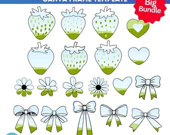 May include: A set of 14 customizable Canva frames featuring strawberries, flowers, hearts, and bows.  The frames are outlined in black and have a green and blue gradient fill.  The text "FILL YOUR OWN PATTERNS/BACKGROUNDS - COMMERCIAL USE DRAG & DROP" is at the bottom of the image.