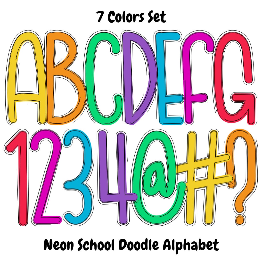 Neon Scribble Doodle Set- Bright Colorful Alphabet PNG Set for ...