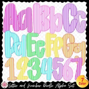 Puede incluir: Un colorido conjunto de letras y números tipo doodle. Las letras A a la G y los números del 1 al 7 se muestran en una variedad de colores brillantes, cada uno con patrones de rayas verticales. El texto "Letter and Number Doodle Alpha Set" y "7 Color" está incluido.