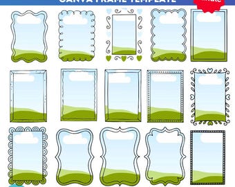 May include: A collection of Canva frame templates with various designs. Each frame features a blue sky with a cloud, green hills, and a white border. The text "Canva Editable" and "CANVA FRAME TEMPLATE" are visible.