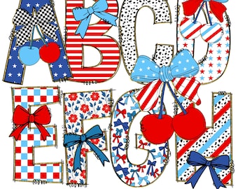 Gold Retro American flag doodle letters | Patriotic American Flag Alphabet | Retro Cherry bow | 4 of july bundle | USA coquette bow png