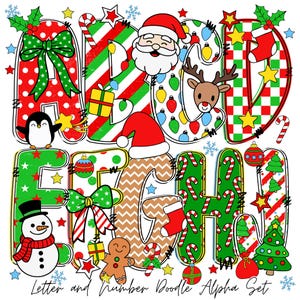 Letras do alfabeto de Natal | Fonte alfabética para rabiscos | Alfabeto para professores | Alfabeto de inverno | Papai Noel | Rena | Desenhado à mão