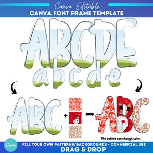 Alfabeto en mayúsculas, minúsculas y números con marco de Canva / Patrón de relleno personalizado / Arrastrar y soltar personalizable / Alfabeto en blanco