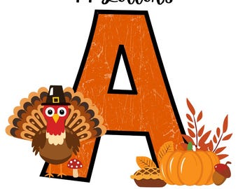 May include: Thanksgiving-themed initial letter "A" design. The letter is orange with a black outline and a white triangle. A cartoon turkey wearing a pilgrim hat is on the left. A pumpkin, pie, and acorn are on the right. Text reads "44 Letters" and "Thanksgiving Initial Alphabet".